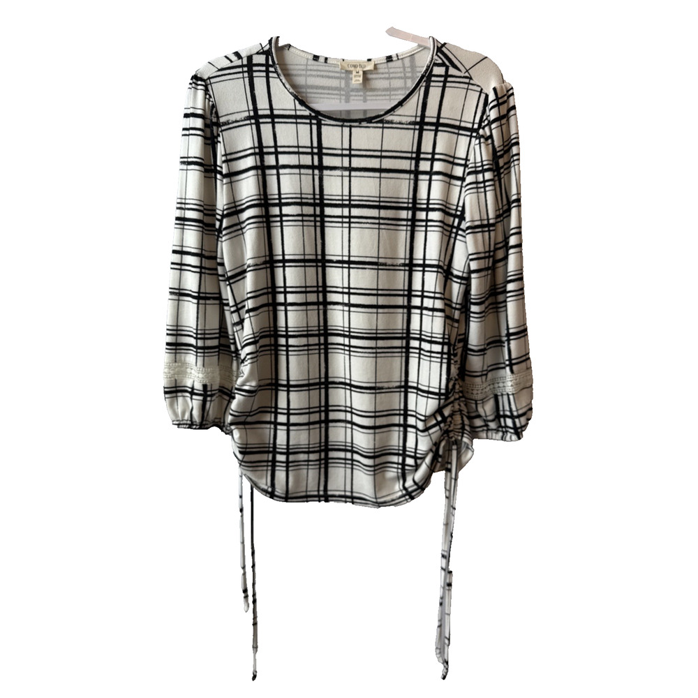 Como Blu NWOT Women's M Chic Plaid‎ Crochet 3/4 Sleeve Cinched Side Knit Top